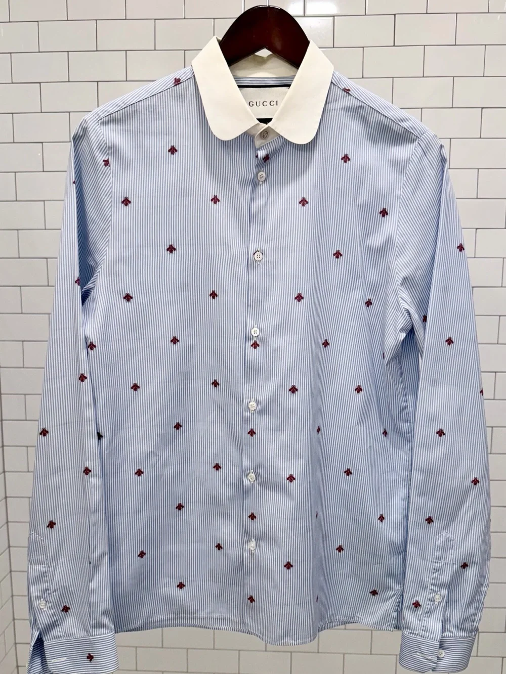 Gucci Light Blue Striped Dress Shirt with White Collar and Bee Embroidery